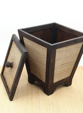 有盖垃圾桶家居用品 泰式酒店竹编垃圾桶 木制东南亚 干花置物桶