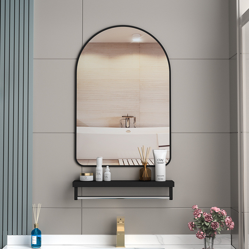 北欧轻奢圆弧浴室镜门洗手台镜子免打孔拱形带置物架化妆镜形镜子
