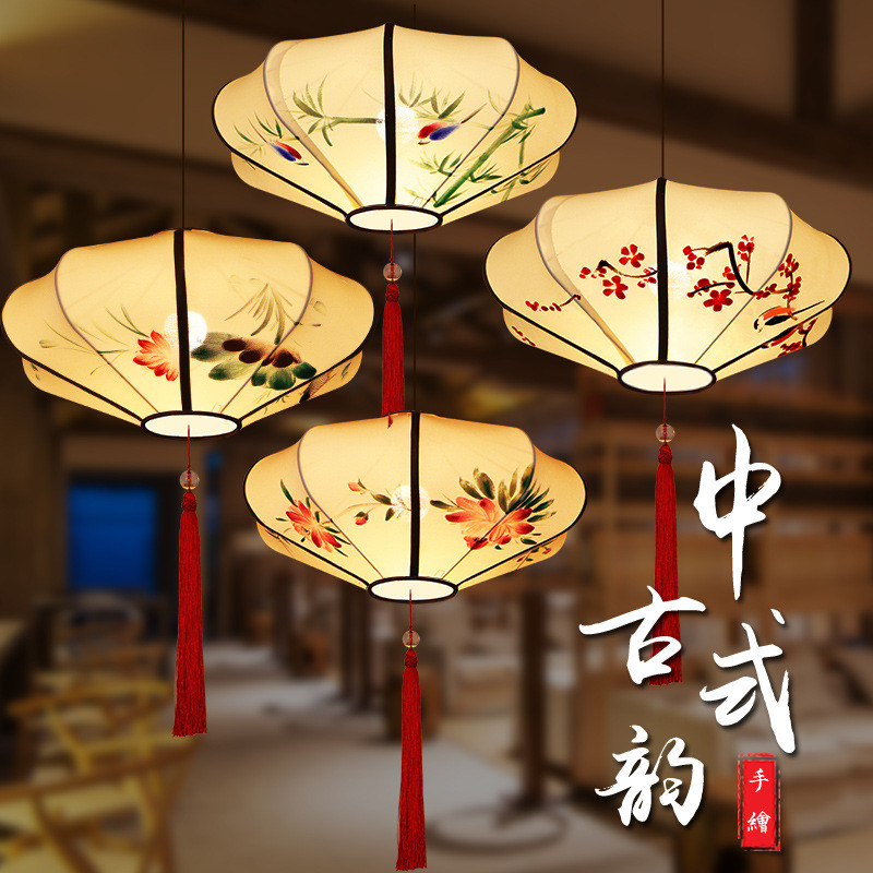 新中式布艺手绘吊灯中国风国画饭店灯室内创意现代仿古飞碟灯笼
