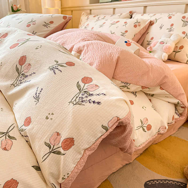 批发ins少女心韩式碎花亲肤皱棉皱泡泡纱花边四件套公主风4件套