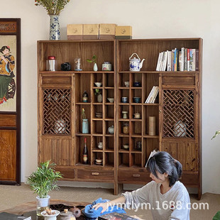 侘寂风老榆木博古架现代简约收纳民宿中式展示柜茶室茶叶置物架