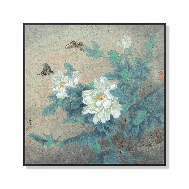 新中式牡丹花装饰画中古风玄关沙发背景壁画书房卧室床头花卉挂画图片