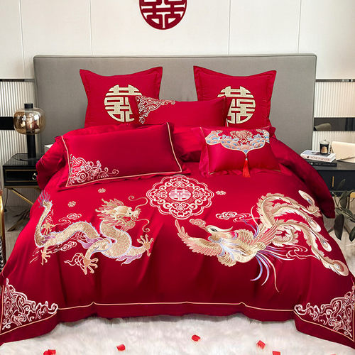 si6k中式婚庆四件套红色刺绣婚房婚礼绣花喜被床上用品被套结婚