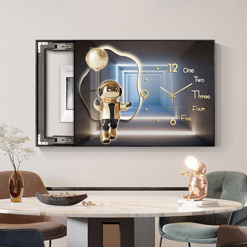电表箱推拉装饰画带钟表配电箱遮挡太空人现代简约免打孔时钟挂画