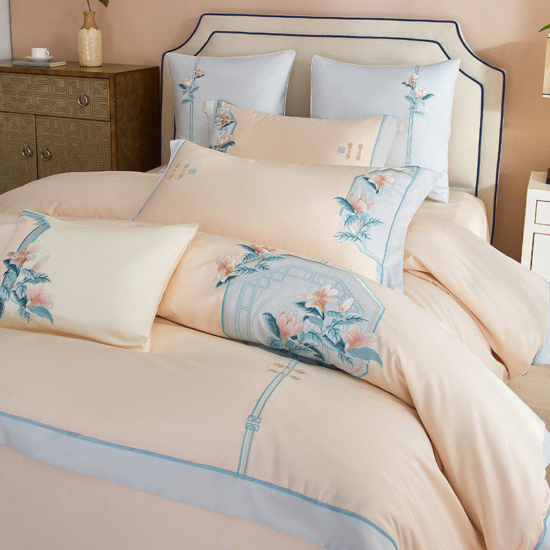 热销中式2024新款100支床上用品长绒棉四件套高端刺绣绣花清新风