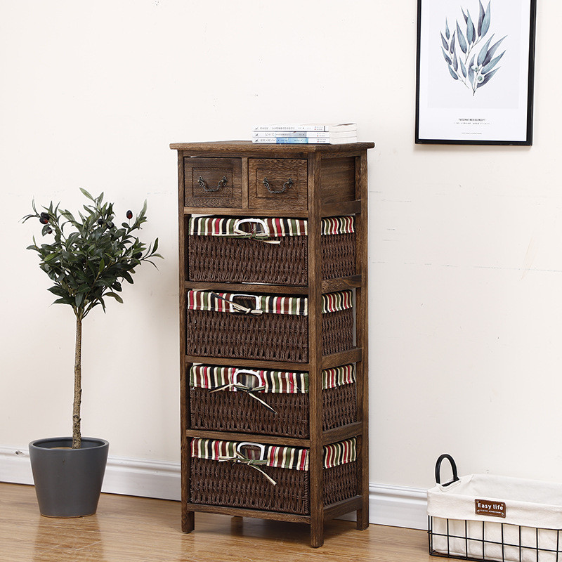 x6ro批发美式田园实木床头柜藤编收纳柜卧室小柜子抽屉五斗柜复古