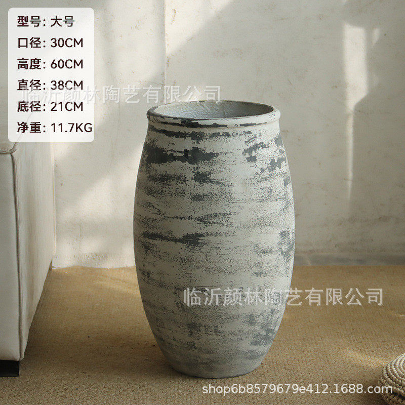 灰白色高款复古做旧客厅水泥花盆落地商场酒店种植盆户外景观绿植