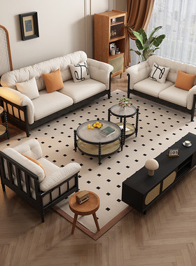 hf2x意式极简实木沙发黑色小户型客厅文艺复古转角布沙发组合绒沙
