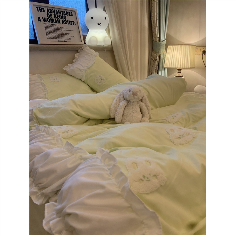 ins灰色水洗棉刺绣公主风被罩床上四件套学生床单三件套少女心1