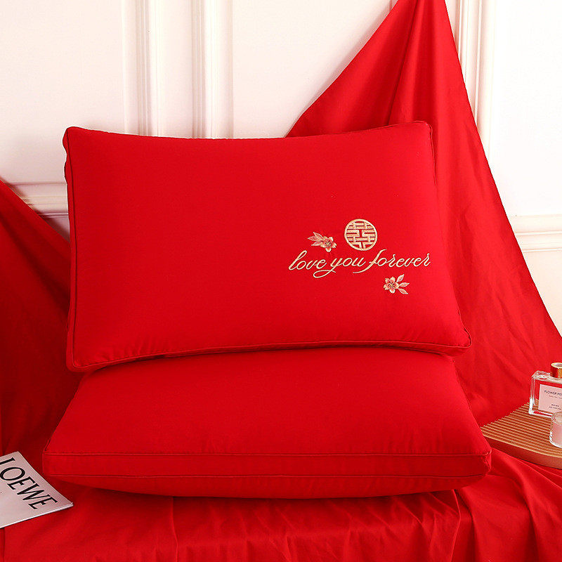 枕头芯结婚一对婚庆全棉羽丝绒蓬松不塌陷中式大红色双人整头枕芯