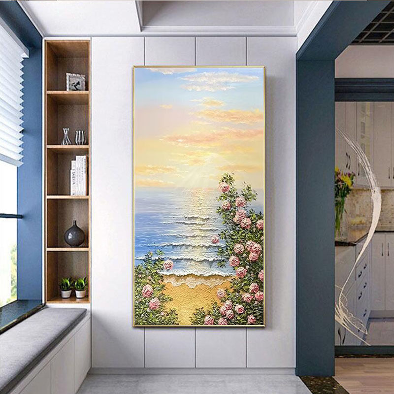 手绘油画日出海景玄关装饰画现代轻奢沙滩花卉风景画高级入户法式