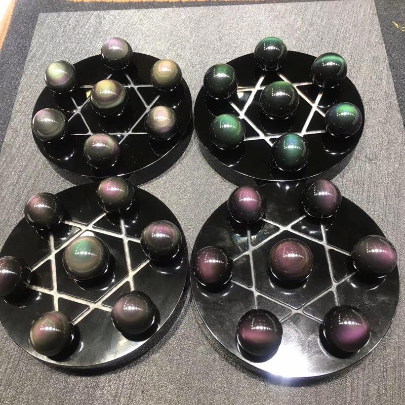 天然彩虹眼黑曜石七星阵摆件风水水晶球聚宝盆开业家居送礼摆件