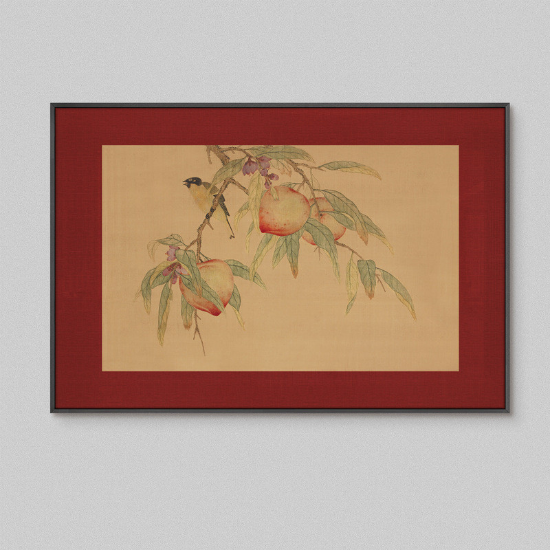 折枝果禽挂画新中式餐厅装饰画客厅背景墙壁红色大气茶室艺术图