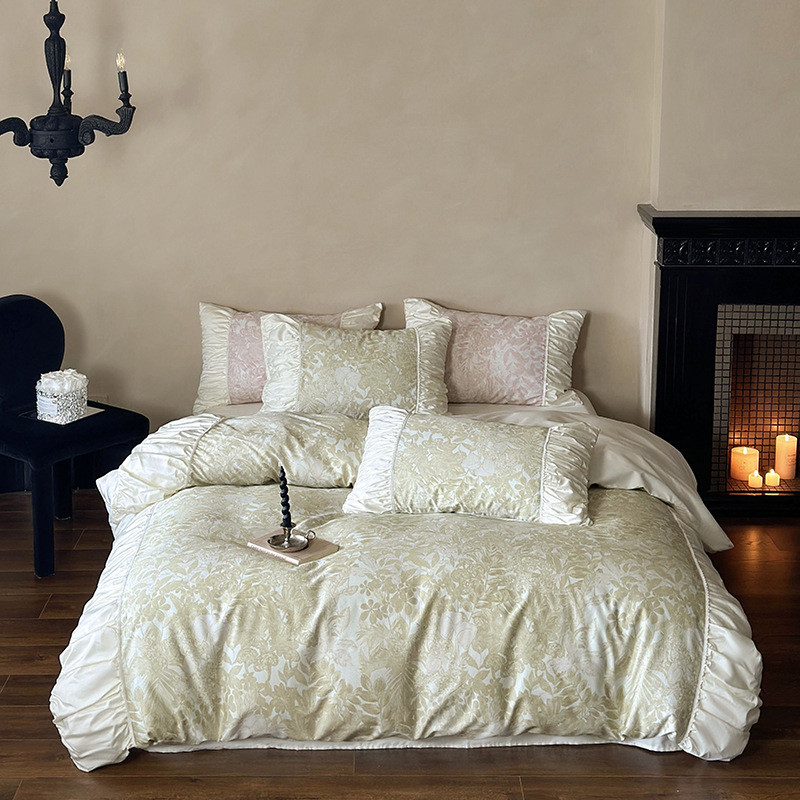 高端法式不掉色风100s长绒棉四件套甜美花少女心花边被套高级床品