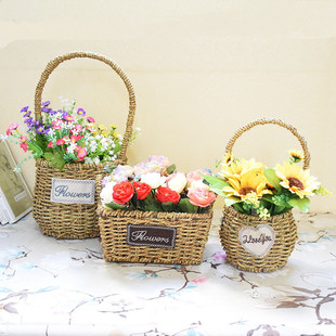 热销WBZ7草编的花盆复古乡村藤编制花框手编织插干花筐藤篮手提小