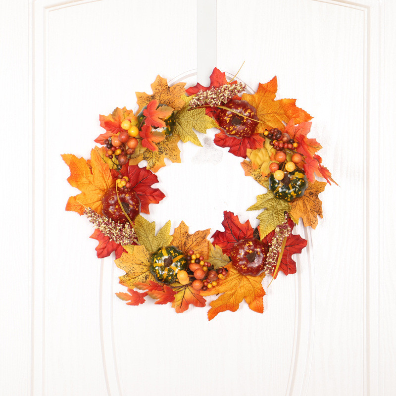 感恩节秋色南瓜花环丰收节麦穗枫叶家居装饰门挂花圈挂件批发