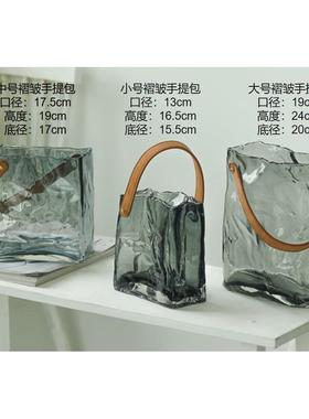 北欧简约轻奢创意皮革提手花瓶玻璃水养插花玫瑰客厅餐桌装饰摆件