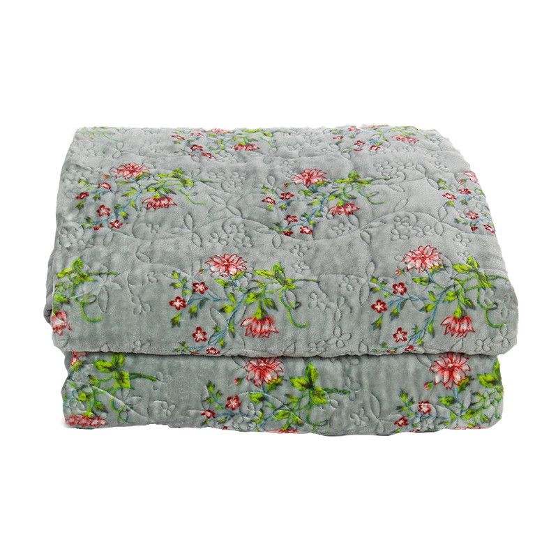 新款田园木槿花毛绒绗缝被加厚床盖法兰绒床单冬天保暖被单被盖