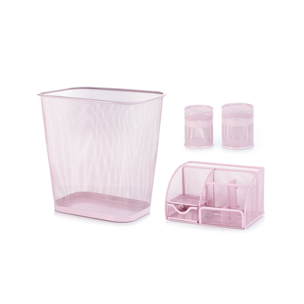 粉色桌面置物架桌面套装笔筒收纳盒组合金属蜂窝网格设计办公学生