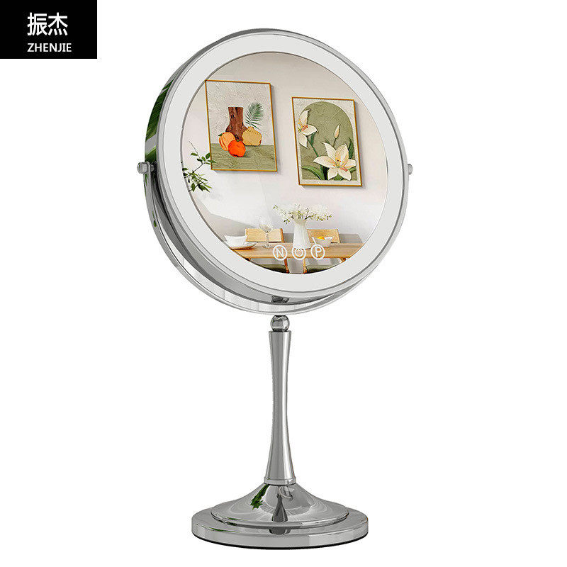 振杰led化妆镜带灯双面10寸大号圆形发光台式桌面金属可调节镜子