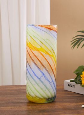 高档国风花瓶手工吹制彩色玻璃花瓶复古高级感客厅装饰电视柜茶几