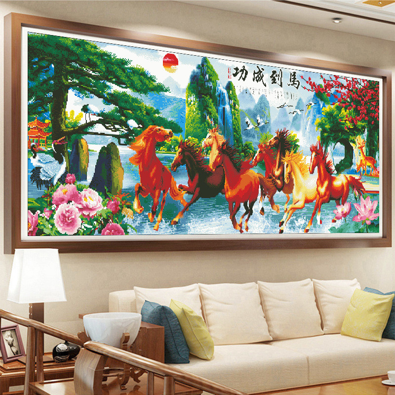 马图2024新款线绣客厅迎客松马到成功八八骏图十字绣大幅满绣风景