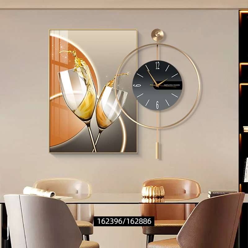 餐厅装饰画高档轻奢背景墙时钟挂墙客厅饭厅酒杯挂画2024新款钟表