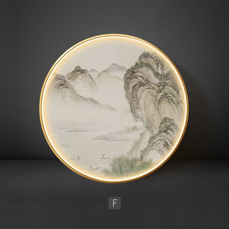 山水新中式国画风景玄关装饰画发光led氛围灯画禅意书房挂画圆形