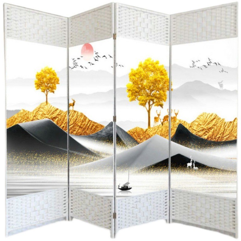 中式折屏隔断墙现代简约养生卧室美容客厅布艺屏风帘移动