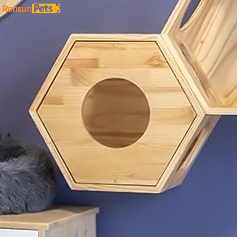 悬挂六角猫窝蜂巢猫爬架diy墙壁式猫窝壁挂六角墙面实木仓猫窝