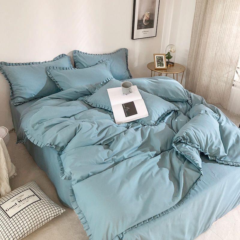 ins少女心绿色花边被套四件套公主风床单床笠学生宿舍床上三件套