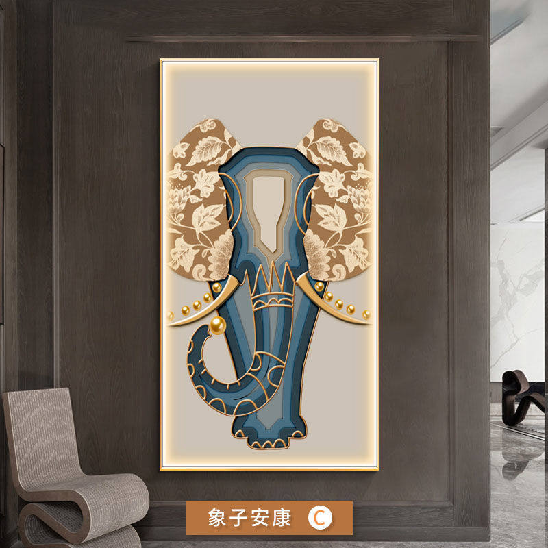 大象玄关装饰画带灯led发光走廊吉象客厅挂画北欧式过道竖版壁画