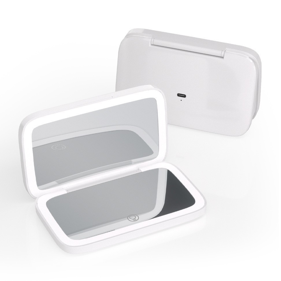 便携led化妆镜手持折叠磁控双面灯带5倍放大三调光无极色灯补光镜