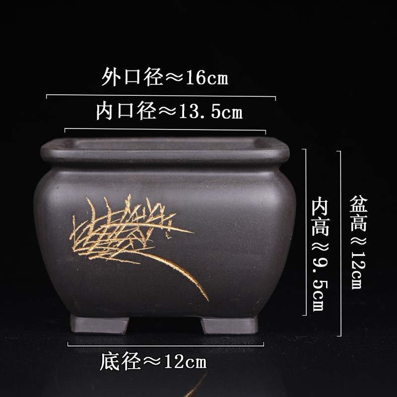 紫砂兰花盆黑色刻绘精品四方盆文竹吊兰多肉菖蒲客厅盆景六角批发