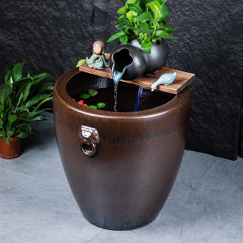 陶瓷加高大缸古法养鱼缸客厅阳台金鱼缸陶罐循环流水造景老式水缸