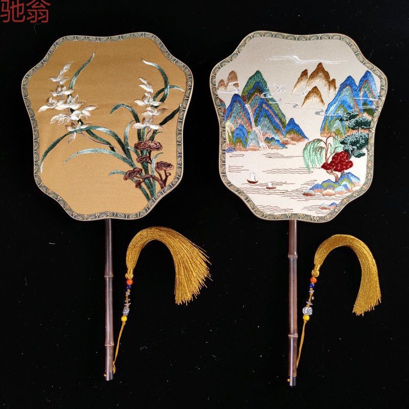 G3V古风扇子双面异色宫廷复古典紫竹大扇子刺绣团扇绣花圆形百搭