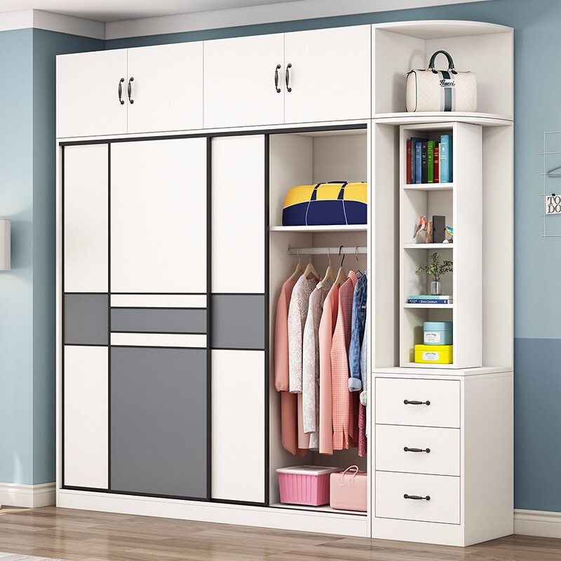 热销卧室衣柜简约现代小型木质房屋挂衣橱出租推拉门暖白色三门主