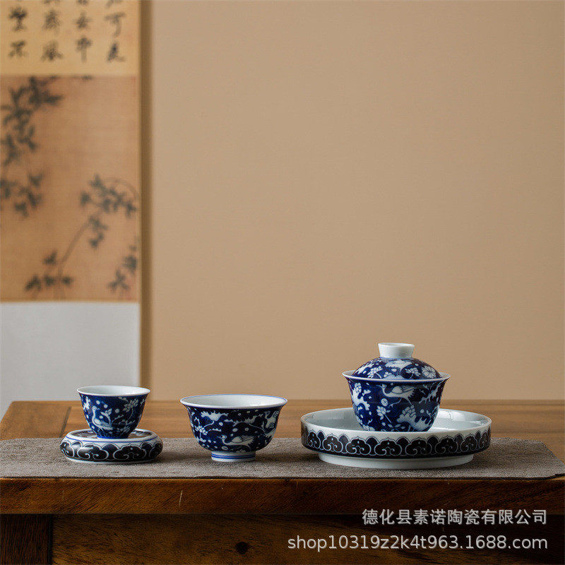 仿古青花千佛五佛盖碗茶杯禅茶具釉中耙花禅意五件套道旅行套装