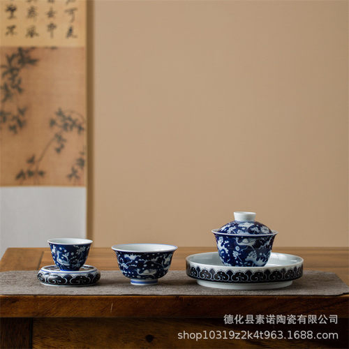 仿古青花千佛五佛盖碗茶杯禅茶具釉中耙花禅意五件套道旅行套装
