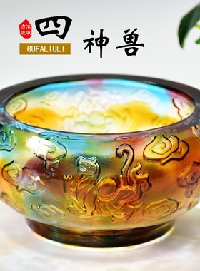 热销财开业庆典水晶琉璃聚宝盆工艺品摆件四神兽批发位玄关客厅收