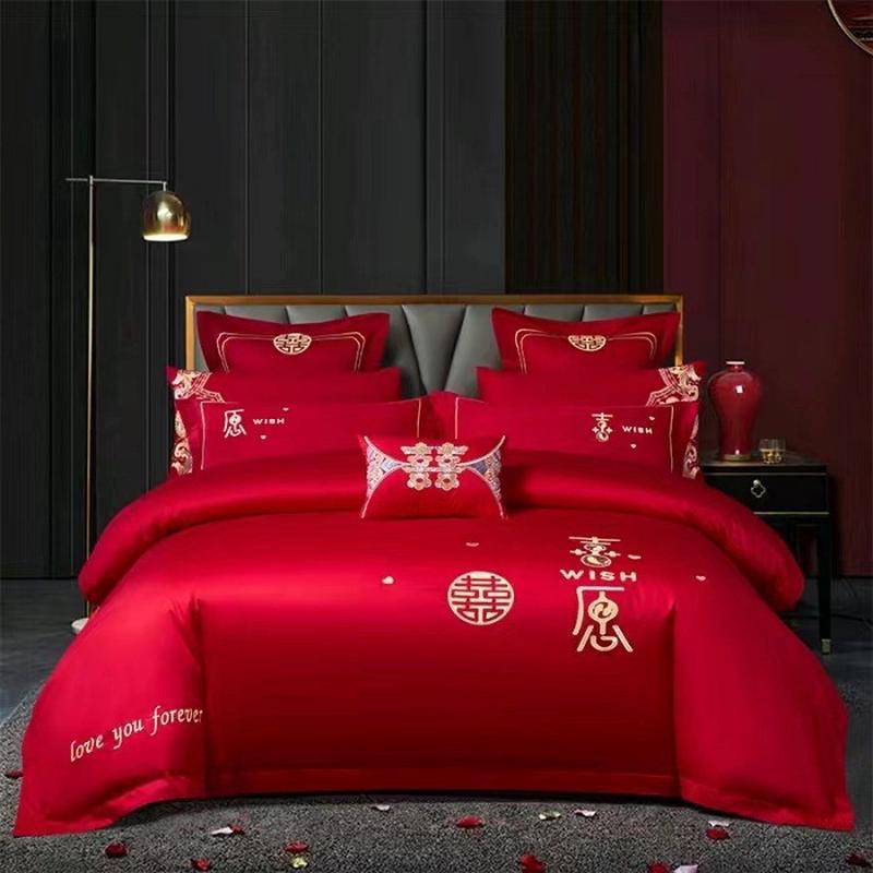 高端婚庆140十长绒棉绣花结婚四件套全棉贡缎大红六件套/支件套
