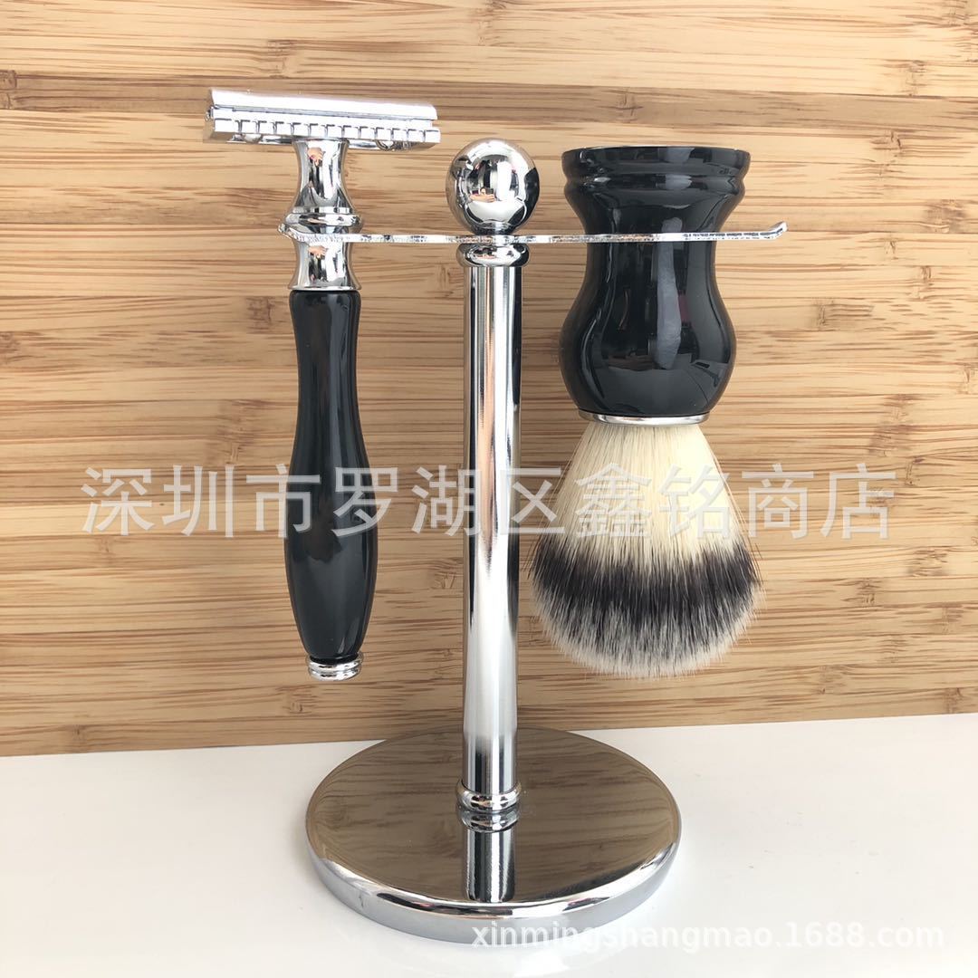 老式手动剃须泡沫刮胡刀胡刷金属挂件座支架男士修面护理黑色套装