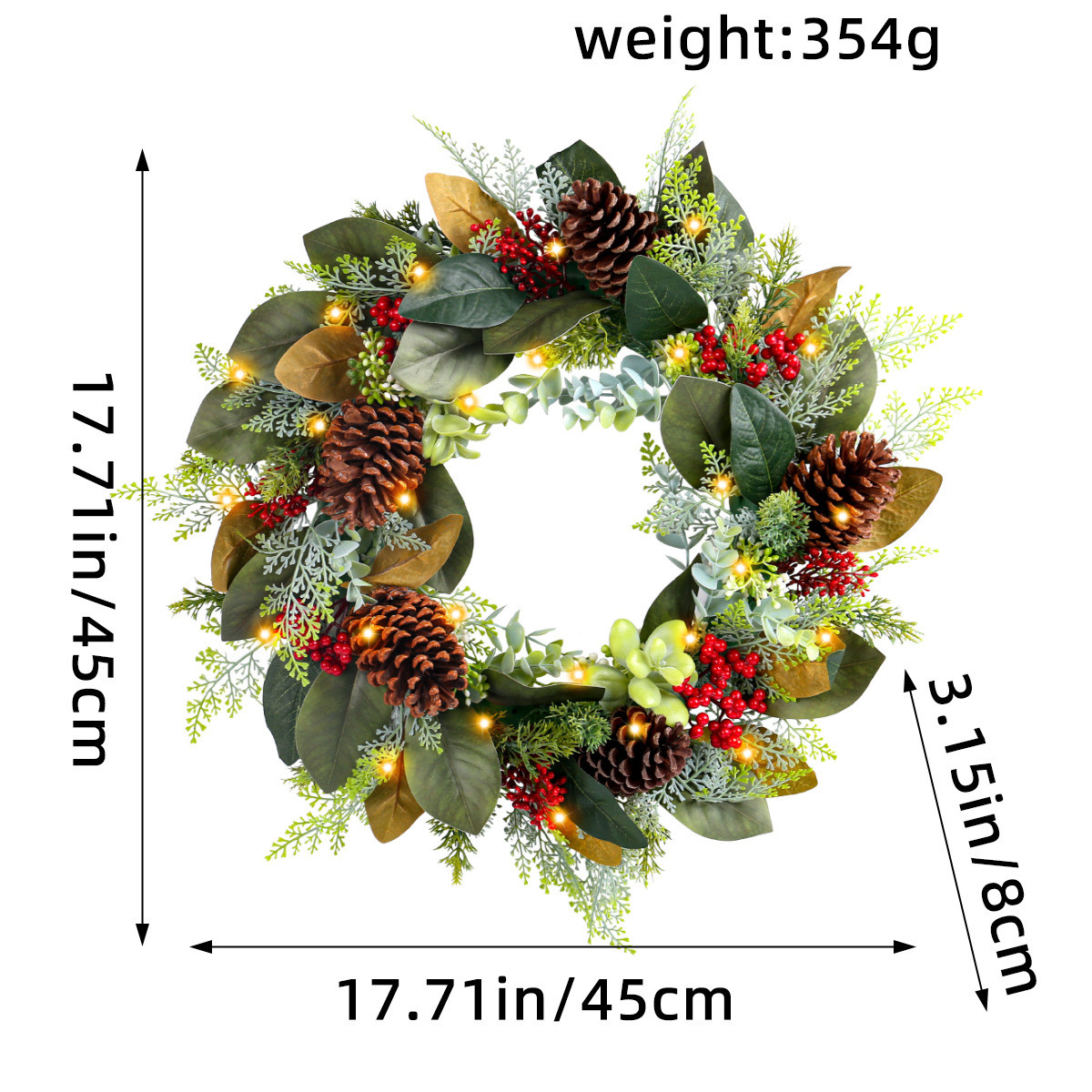 圣诞节松果发光庭院橱窗门挂花环红果仿真树叶藤圈墙壁装饰品