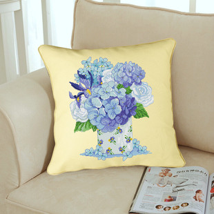 gju8印花十字绣布客厅抱枕靠垫多色绣套件蓝色绣球花