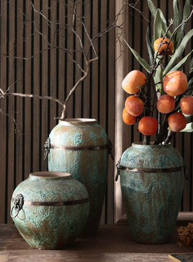 景德镇陶瓷落地花瓶三件套酒店会所软装装饰花瓶陶罐改粗陶纯手工