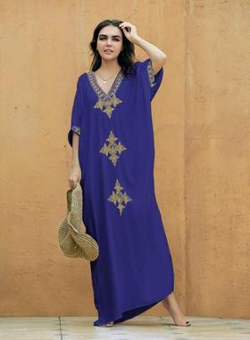 沙滩罩衫人棉绣花金色长袍度假罩衫21011（5色）l