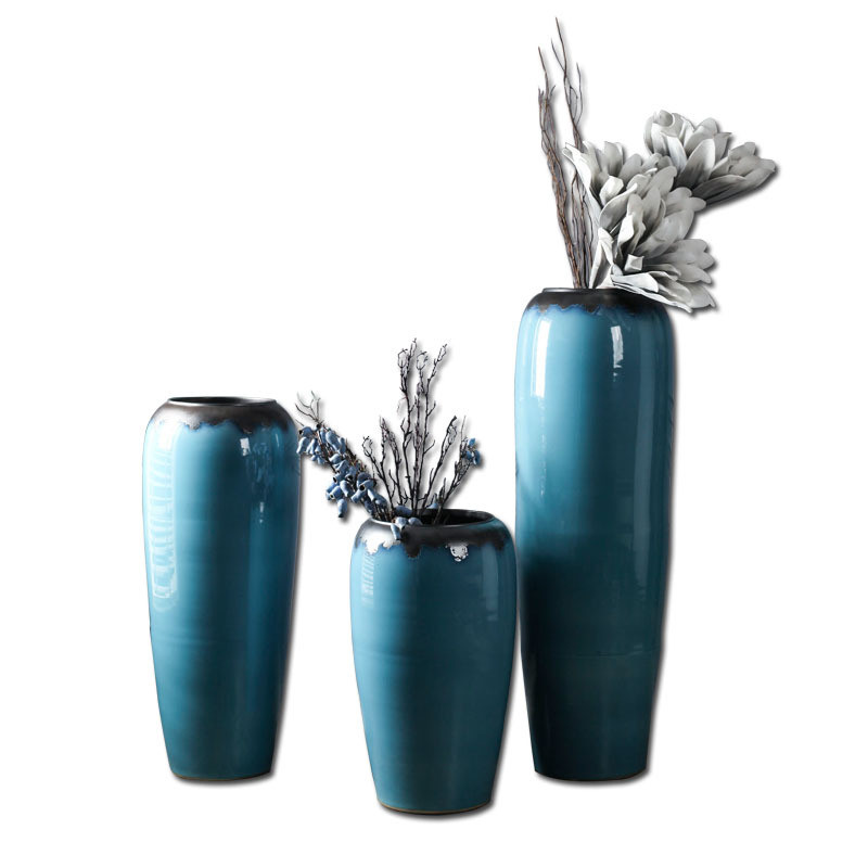 时尚地中海蓝色复古落地大花瓶干支陶罐酒店会所别墅摆件软装饰品