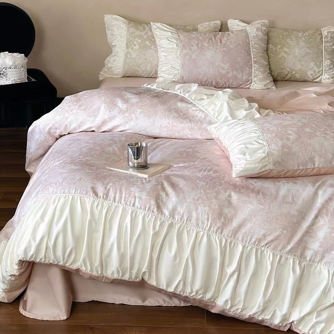 法式100s高支长绒棉四件套小清新褶皱花边全棉被套1.8米床上用品