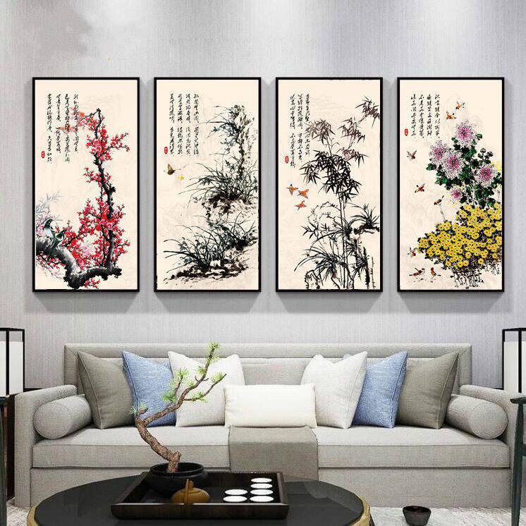 w網4包安装沙发梅兰竹菊字画挂画四联新中式客厅装饰画背景墙壁画