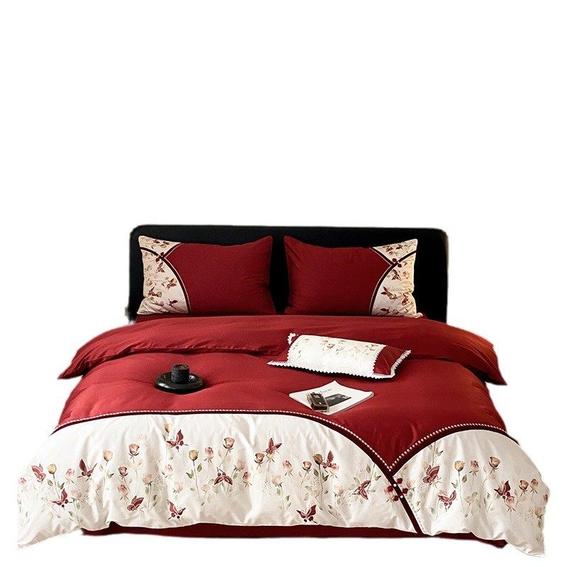 热销新中式风全棉玫瑰刺绣四件套纯棉结婚被套红色床单小清新床上